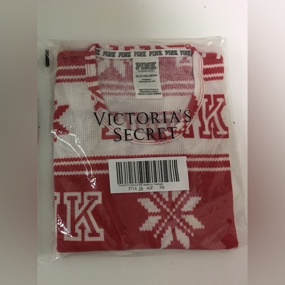 🆕VICTORIA’S SECRET PINK - XS - NWT - HOLIDAY FAIRISLE COZY WAFFLE SLEEP SHIRT - Picture 2 of 7